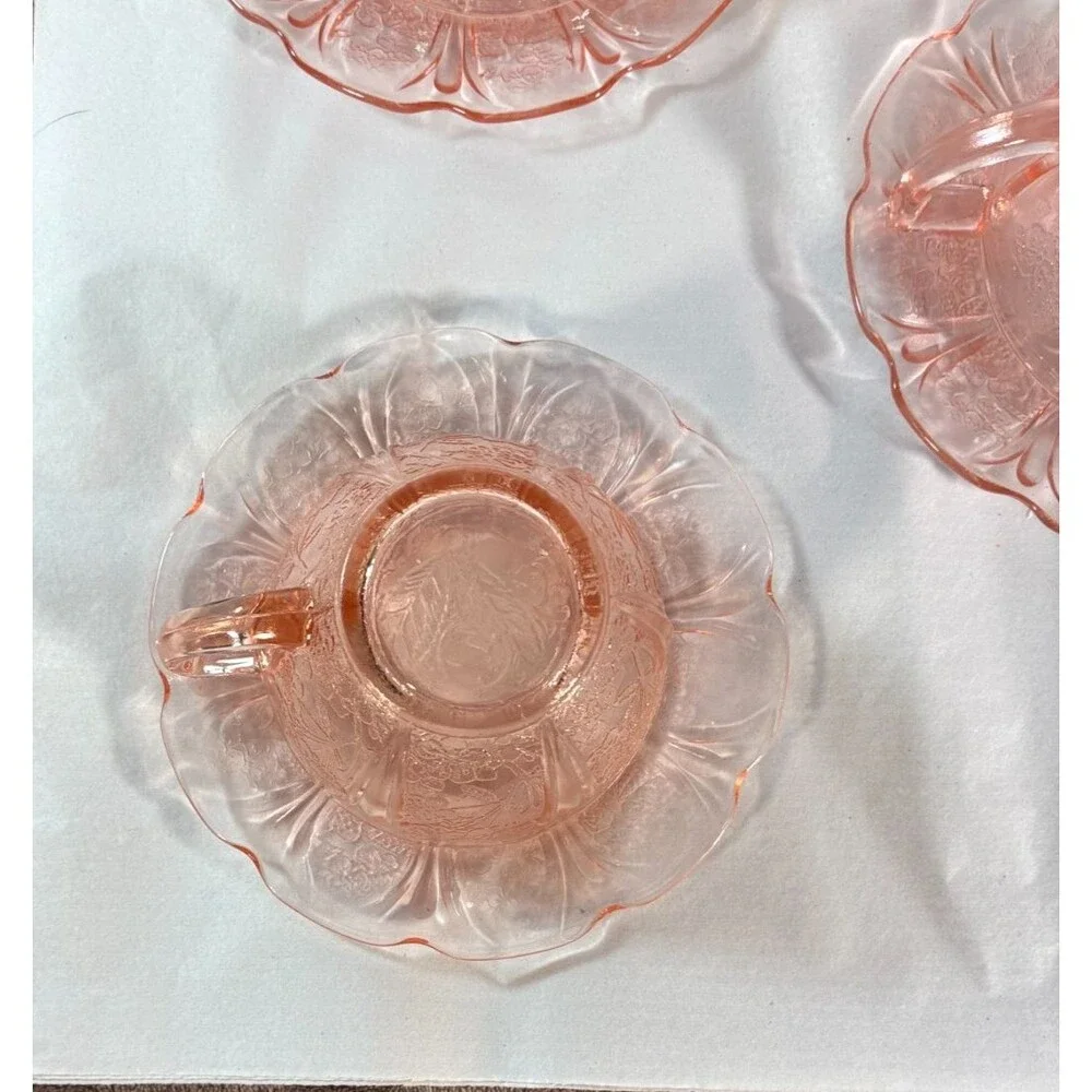 Jeannette Pink Cherry Blossom Depression Glass Cups Saucers 10 Pc Set VTG